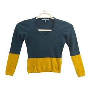 Antonio Melani 100% Cashmere V Neck Sweater Colorblock Teal Yellow XS Italy